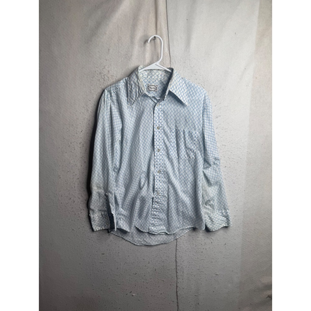 Vintage Plaza Suite Mens 70s Blue Geometric Trellis Button Down Shirt 15.5 3